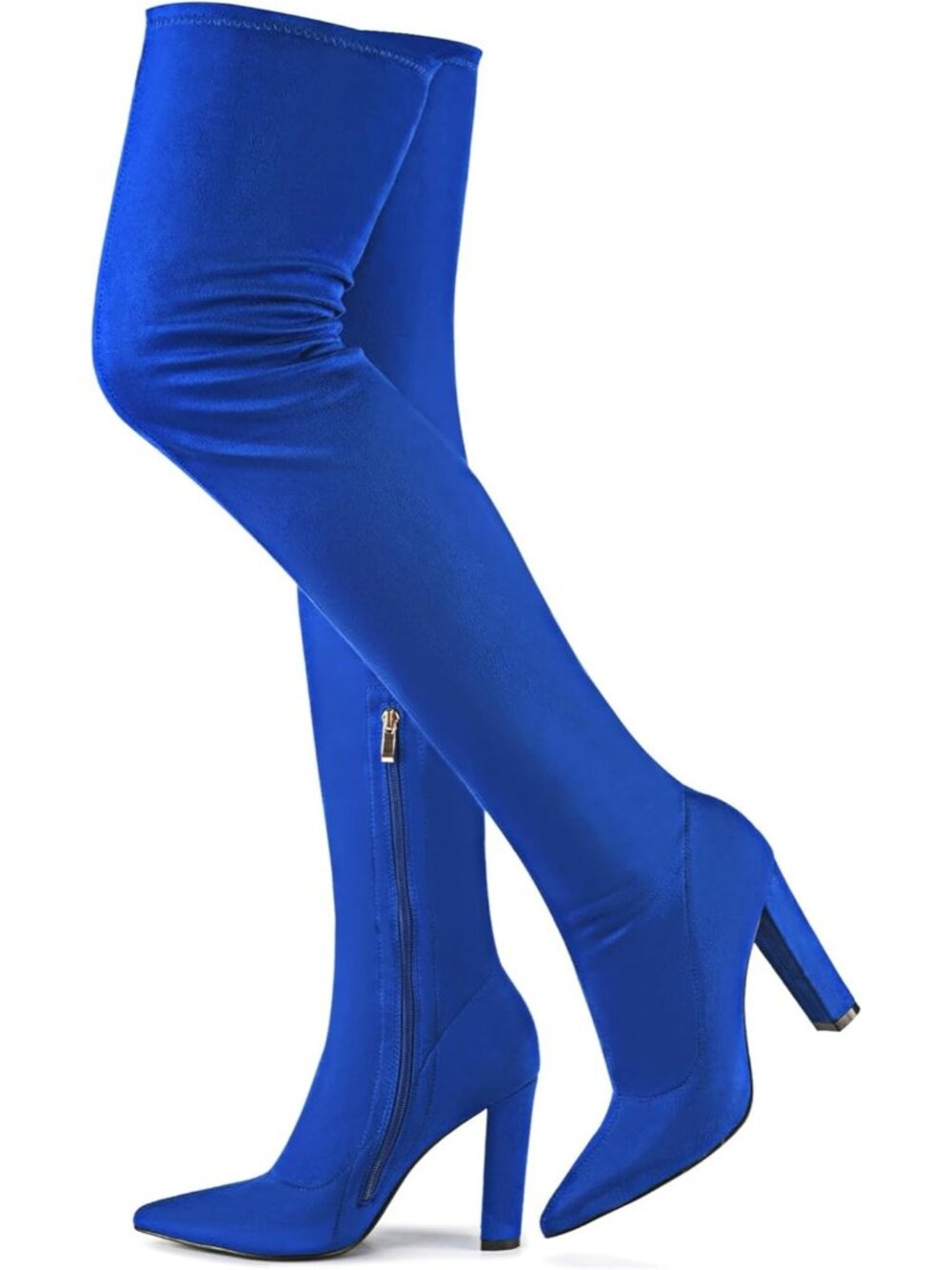 🆕 Women's Blue Faux Suede Pointed Toe Chunky Block Heel Over The Knee Boots